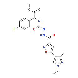 ChemSpider 2D Image | Methyl {[(2-{[5-(1-ethyl-3-methyl-1H-pyrazol-4-yl)-1,2-oxazol-3-yl]carbonyl}hydrazino)carbonyl]amino}(4-fluorophenyl)acetate | C20H21FN6O5