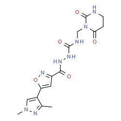 ChemSpider 2D Image | 2-{[5-(1,3-Dimethyl-1H-pyrazol-4-yl)-1,2-oxazol-3-yl]carbonyl}-N-[(2,6-dioxotetrahydro-1(2H)-pyrimidinyl)methyl]hydrazinecarboxamide | C15H18N8O5