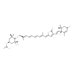 ChemSpider 2D Image | (1S,3R,4R)-3-Hydroxy-4-{(3E,5E,7E,9E,11Z)-11-[4-{(E)-2-[(1S)-1-hydroxy-2,6,6-trimethyl-4-oxo-2-cyclohexen-1-yl]vinyl}-5-oxo-2(5H)-furanylidene]-3,10-dimethyl-1,3,5,7,9-undecapentaen-1-ylidene}-3,5,5-t
rimethylcyclohexyl acetate | C39H48O7