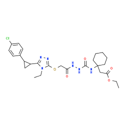 ChemSpider 2D Image | Ethyl {1-[({2-[({5-[2-(4-chlorophenyl)cyclopropyl]-4-ethyl-4H-1,2,4-triazol-3-yl}sulfanyl)acetyl]hydrazino}carbonyl)amino]cyclohexyl}acetate | C26H35ClN6O4S