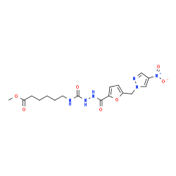 ChemSpider 2D Image | Methyl 6-{[(2-{5-[(4-nitro-1H-pyrazol-1-yl)methyl]-2-furoyl}hydrazino)carbonyl]amino}hexanoate | C17H22N6O7