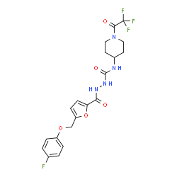 ChemSpider 2D Image | 2-{5-[(4-Fluorophenoxy)methyl]-2-furoyl}-N-[1-(trifluoroacetyl)-4-piperidinyl]hydrazinecarboxamide | C20H20F4N4O5