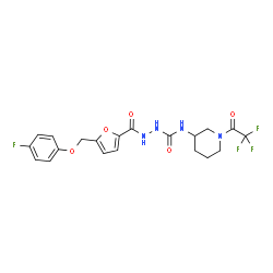 ChemSpider 2D Image | 2-{5-[(4-Fluorophenoxy)methyl]-2-furoyl}-N-[1-(trifluoroacetyl)-3-piperidinyl]hydrazinecarboxamide | C20H20F4N4O5