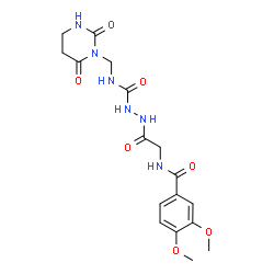 ChemSpider 2D Image | 2-{[(3,4-Dimethoxybenzoyl)amino]acetyl}-N-[(2,6-dioxotetrahydro-1(2H)-pyrimidinyl)methyl]hydrazinecarboxamide (non-preferred name) | C17H22N6O7