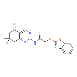 ChemSpider 2D Image | 2-(1,3-Benzoxazol-2-ylsulfanyl)-N-(7,7-dimethyl-5-oxo-5,6,7,8-tetrahydro-2-quinazolinyl)acetamide | C19H18N4O3S