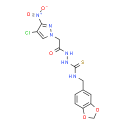 ChemSpider 2D Image | N-(1,3-Benzodioxol-5-ylmethyl)-2-[(4-chloro-3-nitro-1H-pyrazol-1-yl)acetyl]hydrazinecarbothioamide | C14H13ClN6O5S