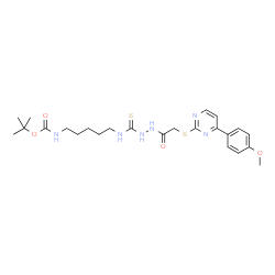 ChemSpider 2D Image | 2-Methyl-2-propanyl [5-({[2-({[4-(4-methoxyphenyl)-2-pyrimidinyl]sulfanyl}acetyl)hydrazino]carbonothioyl}amino)pentyl]carbamate | C24H34N6O4S2