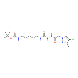 ChemSpider 2D Image | 2-Methyl-2-propanyl {5-[({2-[(4-chloro-3-methyl-1H-pyrazol-1-yl)acetyl]hydrazino}carbonothioyl)amino]pentyl}carbamate | C17H29ClN6O3S