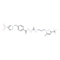 ChemSpider 2D Image | N-{3-[5-Methyl-3-(trifluoromethyl)-1H-pyrazol-1-yl]propyl}-2-{4-[(4-nitro-1H-pyrazol-1-yl)methyl]benzoyl}hydrazinecarbothioamide | C20H21F3N8O3S