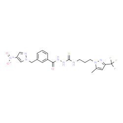 ChemSpider 2D Image | N-{3-[5-Methyl-3-(trifluoromethyl)-1H-pyrazol-1-yl]propyl}-2-{3-[(4-nitro-1H-pyrazol-1-yl)methyl]benzoyl}hydrazinecarbothioamide | C20H21F3N8O3S