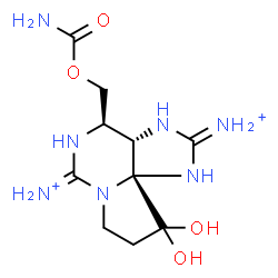 ChemSpider 2D Image | (3aS,4R,10aS)-4-[(Carbamoyloxy)methyl]-10,10-dihydroxy-3a,4,9,10-tetrahydro-1H,8H-pyrrolo[1,2-c]purine-2,6-diaminium | C10H19N7O4