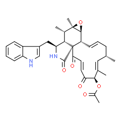 ChemSpider 2D Image | 3H-cyclotridec[d]oxireno[f]isoindole-8,11,12(13H)-trione, 7-(acetyloxy)-4,7,14,14a,15,15a,16a,16b-octahydro-14-(1H-indol-3-ylmethyl)-4,6,15,15a-tetramethyl-, (1E,4S,5E,7R,9E,11aR,14S,14aR,15S,15aR,16aS,16bR)- | C34H38N2O6