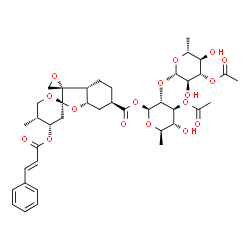 ChemSpider 2D Image | 3-O-Acetyl-2-O-(3-O-acetyl-6-deoxy-beta-D-glucopyranosyl)-6-deoxy-1-O-{[(2S,2'R,3a'R,4''S,5''R,6'R,7a'S)-5''-methyl-4''-{[(2E)-3-phenylprop-2-enoyl]oxy}decahydrodispiro[oxirane-2,3'-[1]benzofuran-2',2''-pyran]-6'-yl]carbonyl}-beta-D-glucopyranose | C40H52O17