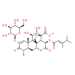 ChemSpider 2D Image | Methyl (11beta,12alpha,15beta)-15-{[(2E)-3,4-dimethyl-2-pentenoyl]oxy}-2-(beta-D-glucopyranosyloxy)-11,12-dihydroxy-3,16-dioxo-13,20-epoxypicras-1-en-21-oate | C34H46O16