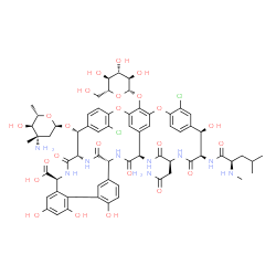 ChemSpider 2D Image | (1S,2R,18R,19R,22S,25R,28R,40S)-22-(2-Amino-2-oxoethyl)-2-[(3-amino-2,3,6-trideoxy-3-methyl-alpha-L-arabino-hexopyranosyl)oxy]-5,15-dichloro-48-(beta-D-glucopyranosyloxy)-18,32,35,37-tetrahydroxy-19-[(N-methyl-D-leucyl)amino]-20,23,26,42,44-pentaoxo-7,13-dioxa-21,24,27,41,43-pentaazaoctacyclo[26.14.2.2~3,6~.2~14,17~.1~8,12~.1~29,33~.0~10,25~.0~34,39~]pentaconta-3,5,8(48),9,11,14,16,29(45),30,32,34,36,38,46,49-pentadecaene-40-carboxylic acid | C66H75Cl2N9O24