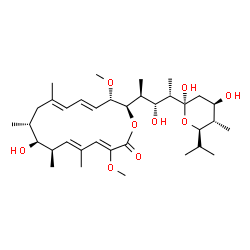 ChemSpider 2D Image | (5R)-2,4-Dideoxy-1-C-{(2S,3R,4S)-3-hydroxy-4-[(2R,3S,4E,6E,9R,10S,11R,12E,14Z)-10-hydroxy-3,15-dimethoxy-7,9,11,13-tetramethyl-16-oxooxacyclohexadeca-4,6,12,14-tetraen-2-yl]-2-pentanyl}-5-isopropyl-4-methyl-alpha-D-threo-pentopyranose | C35H58O9
