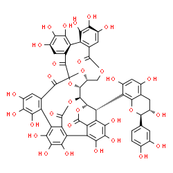 ChemSpider 2D Image | (1R,2R,20R,42S,46S)-46-[(2R,3S)-2-(3,4-Dihydroxyphenyl)-3,5,7-trihydroxy-3,4-dihydro-2H-chromen-8-yl]-7,8,9,12,13,14,25,26,27,30,31,32,35,36,37-pentadecahydroxy-3,18,21,41,43-pentaoxanonacyclo[27.13.3
.1~38,42~.0~2,20~.0~5,10~.0~11,16~.0~23,28~.0~33,45~.0~34,39~]hexatetraconta-5,7,9,11,13,15,23,25,27,29(45),30,32,34,36,38-pentadecaene-4,17,22,40,44-pentone | C56H38O31