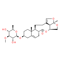 ChemSpider 2D Image | (2aR,4aS,6aR,10S,12aR,12bS,14bR)-2a,12a-Dimethyl-6-oxo-2a,4,4a,6a,7,9,10,11,12,12a,12b,13,14,14b-tetradecahydro-6H-2,3,5-trioxapentaleno[1',6':5,6,7]cyclonona[1,2-a]naphthalen-10-yl 6-deoxy-3-O-methyl
-beta-D-glucopyranoside | C28H40O9