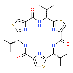 ChemSpider 2D Image | (4R,11R,18R)-4,11,18-Triisopropyl-6,13,20-trithia-3,10,17,22,23,24-hexaazatetracyclo[17.2.1.1~5,8~.1~12,15~]tetracosa-1(21),5(24),7,12(23),14,19(22)-hexaene-2,9,16-trione | C24H30N6O3S3