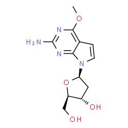 ChemSpider 2D Image | 7-(2-Deoxy-beta-D-erythro-pentofuranosyl)-4-methoxy-7H-pyrrolo[2,3-d]pyrimidin-2-amine | C12H16N4O4
