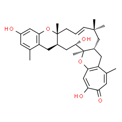 ChemSpider 2D Image | (5aR,7E,10aR,17aR,18S,19aR)-3,15,18-Trihydroxy-1,5a,9,9,12,17a-hexamethyl-5a,6,9,10,10a,17a,18,19,19a,20-decahydrocyclohepta[5',6']pyrano[2',3':5,6]cycloundeca[1,2-b]chromen-14(11H)-one | C32H40O6