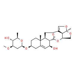 ChemSpider 2D Image | (2aR,4aS,6aS,7S,10S,12aR,12bS,14bR)-7-Hydroxy-2a,12a-dimethyl-6-oxo-2a,4,4a,6a,7,9,10,11,12,12a,12b,13,14,14b-tetradecahydro-6H-2,3,5-trioxapentaleno[1',6':5,6,7]cyclonona[1,2-a]naphthalen-10-yl 2,6-dideoxy-3-O-methyl-beta-D-arabino-hexopyranoside | C28H40O9