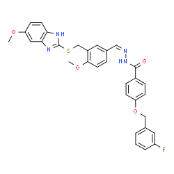 ChemSpider 2D Image | 4-[(3-Fluorobenzyl)oxy]-N'-[(Z)-(4-methoxy-3-{[(5-methoxy-1H-benzimidazol-2-yl)sulfanyl]methyl}phenyl)methylene]benzohydrazide | C31H27FN4O4S