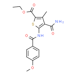 ChemSpider 2D Image | Ethyl 4-carbamoyl-5-[(4-methoxybenzoyl)amino]-3-methyl-2-thiophenecarboxylate | C17H18N2O5S