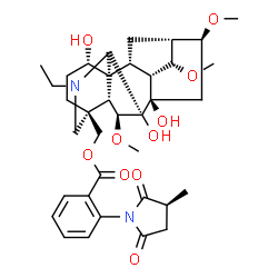 ChemSpider 2D Image | [(1alpha,6beta,14alpha,16beta)-20-Ethyl-1,7,8-trihydroxy-6,14,16-trimethoxyaconitan-4-yl]methyl 2-[(3S)-3-methyl-2,5-dioxo-1-pyrrolidinyl]benzoate | C36H48N2O10