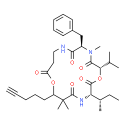 ChemSpider 2D Image | (2S,5R,16S)-5-Benzyl-16-[(2S)-2-butanyl]-2-isopropyl-4,13,13-trimethyl-12-(4-pentyn-1-yl)-1,11-dioxa-4,7,15-triazacycloheptadecane-3,6,10,14,17-pentone | C34H49N3O7