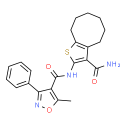 ChemSpider 2D Image | N-(3-Carbamoyl-4,5,6,7,8,9-hexahydrocycloocta[b]thiophen-2-yl)-5-methyl-3-phenyl-1,2-oxazole-4-carboxamide | C22H23N3O3S