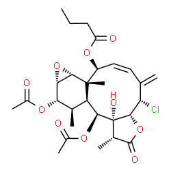 ChemSpider 2D Image | (1R,3aR,4S,6Z,8S,8aS,9R,10S,11S,12R,12aS,13S,13aR)-11,13-Diacetoxy-4-chloro-13a-hydroxy-1,8a,12-trimethyl-5-methylene-2-oxo-1,2,3a,4,5,8,8a,9,10,11,12,12a,13,13a-tetradecahydro-9,10-epoxybenzo[4,5]cyc
lodeca[1,2-b]furan-8-yl butanoate | C28H37ClO10