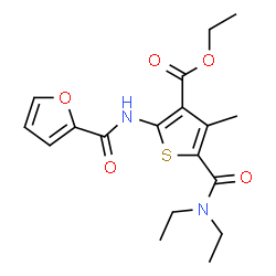 ChemSpider 2D Image | Ethyl 5-(diethylcarbamoyl)-2-(2-furoylamino)-4-methyl-3-thiophenecarboxylate | C18H22N2O5S