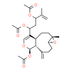 ChemSpider 2D Image | 5-[(1aS,3aS,7R,7aR,10aS)-7-Acetoxy-1a-methyl-8-methylene-1a,2,3,3a,7,7a,8,9,10,10a-decahydrooxireno[5,6]cyclonona[1,2-c]pyran-4-yl]-2-methyl-1-pentene-3,5-diyl diacetate | C26H36O8