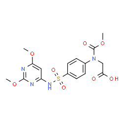 ChemSpider 2D Image | N-{4-[(2,6-Dimethoxy-4-pyrimidinyl)sulfamoyl]phenyl}-N-(methoxycarbonyl)glycine | C16H18N4O8S