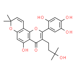 ChemSpider 2D Image | 5-Hydroxy-3-(3-hydroxy-3-methylbutyl)-8,8-dimethyl-2-(2,4,5-trihydroxyphenyl)-4H,8H-pyrano[2,3-f]chromen-4-one | C25H26O8