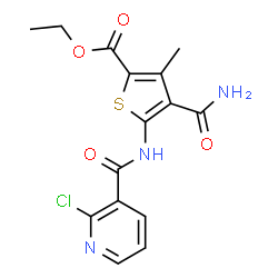 ChemSpider 2D Image | Ethyl 4-carbamoyl-5-{[(2-chloro-3-pyridinyl)carbonyl]amino}-3-methyl-2-thiophenecarboxylate | C15H14ClN3O4S