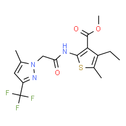 ChemSpider 2D Image | Methyl 4-ethyl-5-methyl-2-({[5-methyl-3-(trifluoromethyl)-1H-pyrazol-1-yl]acetyl}amino)-3-thiophenecarboxylate | C16H18F3N3O3S