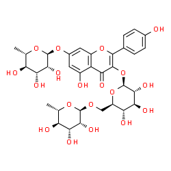ChemSpider 2D Image | 7-[(6-Deoxy-alpha-L-mannopyranosyl)oxy]-5-hydroxy-2-(4-hydroxyphenyl)-4-oxo-4H-chromen-3-yl 6-O-(6-deoxy-alpha-L-mannopyranosyl)-beta-D-glucopyranoside | C33H40O19