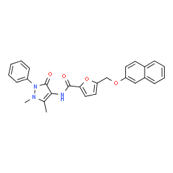 ChemSpider 2D Image | N-(1,5-Dimethyl-3-oxo-2-phenyl-2,3-dihydro-1H-pyrazol-4-yl)-5-[(2-naphthyloxy)methyl]-2-furamide | C27H23N3O4