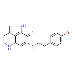 ChemSpider 2D Image | 7-{[2-(4-Hydroxyphenyl)ethyl]amino}-8-oxo-1,3,4,8-tetrahydropyrrolo[4,3,2-de]quinolin-5-ium | C18H18N3O2