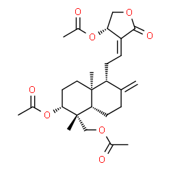 ChemSpider 2D Image | (3S,4E)-4-{2-[(1R,4aS,5R,6R,8aS)-6-Acetoxy-5-(acetoxymethyl)-5,8a-dimethyl-2-methylenedecahydro-1-naphthalenyl]ethylidene}-5-oxotetrahydro-3-furanyl acetate | C26H36O8