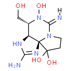 ChemSpider 2D Image | (3aS,4R,6Z,10aS)-2-Amino-4-(hydroxymethyl)-6-imino-3a,4-dihydro-3H,8H-pyrrolo[1,2-c]purine-5,10,10(6H,9H)-triol | C9H16N6O4