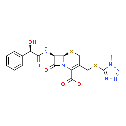 ChemSpider 2D Image | (6R,7R)-7-{[(2R)-2-Hydroxy-2-phenylacetyl]amino}-3-{[(1-methyl-1H-tetrazol-5-yl)sulfanyl]methyl}-8-oxo-5-thia-1-azabicyclo[4.2.0]oct-2-ene-2-carboxylate | C18H17N6O5S2