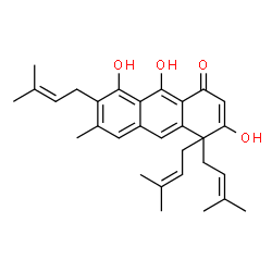 ChemSpider 2D Image | 3,8,9-Trihydroxy-6-methyl-4,4,7-tris(3-methyl-2-buten-1-yl)-1(4H)-anthracenone | C30H36O4