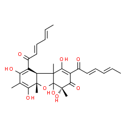 ChemSpider 2D Image | (4S,5aS,9aS)-2,9-Di[(2E,4E)-2,4-hexadienoyl]-1,4,4a,6,8-pentahydroxy-4,5a,7,9b-tetramethyl-4a,5a,9a,9b-tetrahydrodibenzo[b,d]furan-3(4H)-one | C28H32O9
