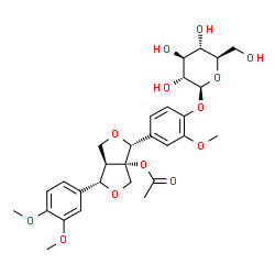 ChemSpider 2D Image | (1S,3aS,4R,6aR)-1-(3,4-Dimethoxyphenyl)-4-[4-(beta-D-glucopyranosyloxy)-3-methoxyphenyl]dihydro-1H,3H-furo[3,4-c]furan-3a(4H)-yl acetate | C29H36O13