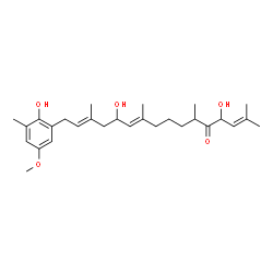 ChemSpider 2D Image | (10E,14E)-4,12-Dihydroxy-16-(2-hydroxy-5-methoxy-3-methylphenyl)-2,6,10,14-tetramethyl-2,10,14-hexadecatrien-5-one | C28H42O5