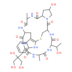 ChemSpider 2D Image | 28-[2,3-Dihydroxy-2-(hydroxymethyl)propyl]-18-hydroxy-34-(1-hydroxyethyl)-23,31-dimethyl-12-thia-10,16,22,25,27,30,33,36-octaazapentacyclo[12.11.11.0~3,11~.0~4,9~.0~16,20~]hexatriaconta-3(11),4,6,8-te
traene-15,21,24,26,29,32,35-heptone | C35H48N8O12S