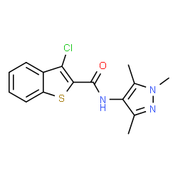 ChemSpider 2D Image | 3-Chloro-N-(1,3,5-trimethyl-1H-pyrazol-4-yl)-1-benzothiophene-2-carboxamide | C15H14ClN3OS